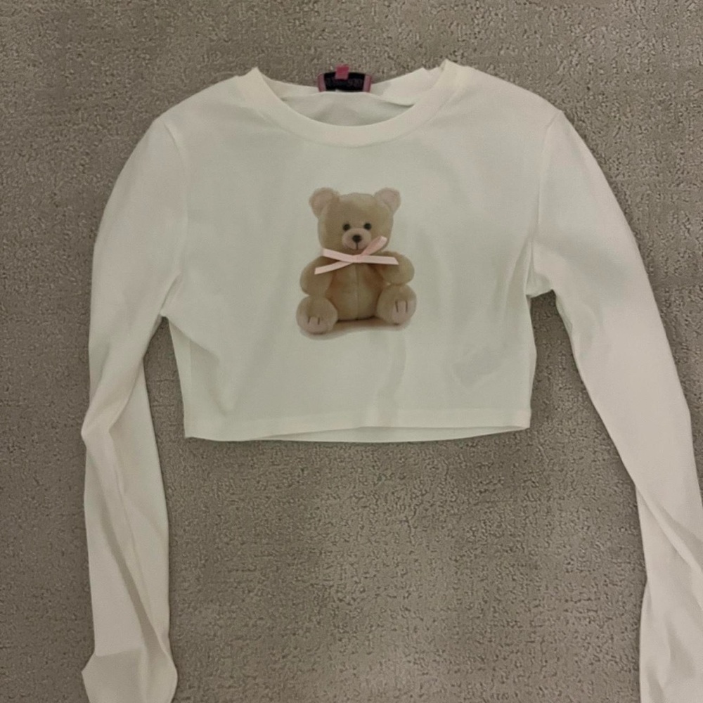 White Teddy Bear bow Long Sleeve Top